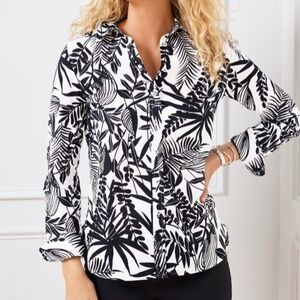 NWT Talbots Black & White Shirt S 100% Cotton Buttons Classic Silhouette Ferns